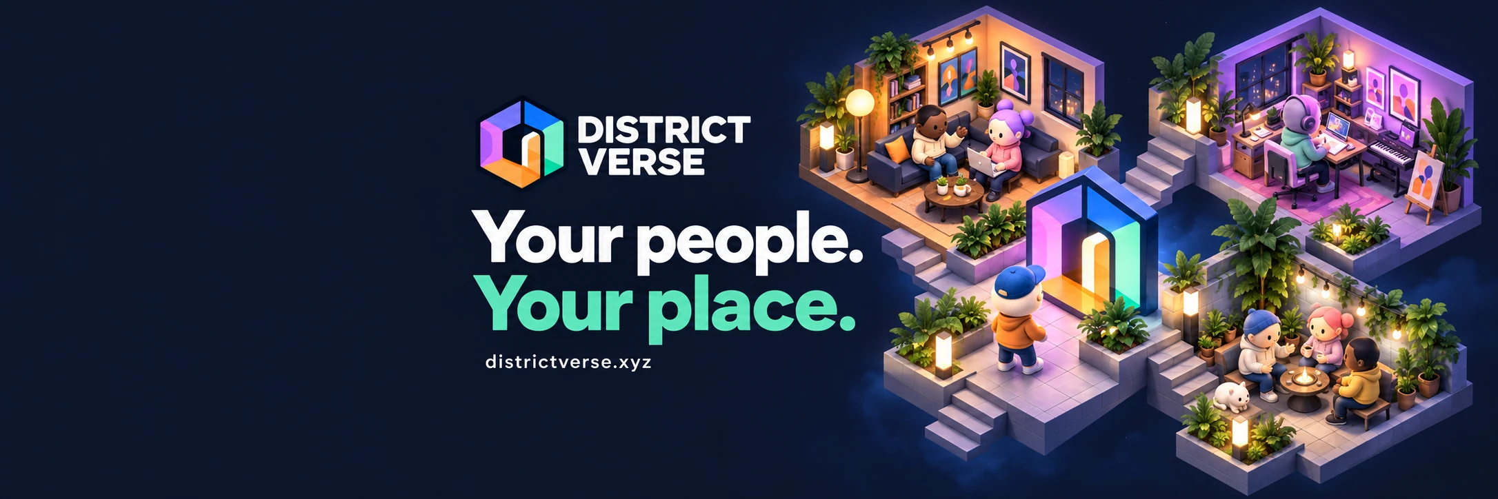 Ilustración de personas reunidas en salas abiertas alrededor del portal de District Verse